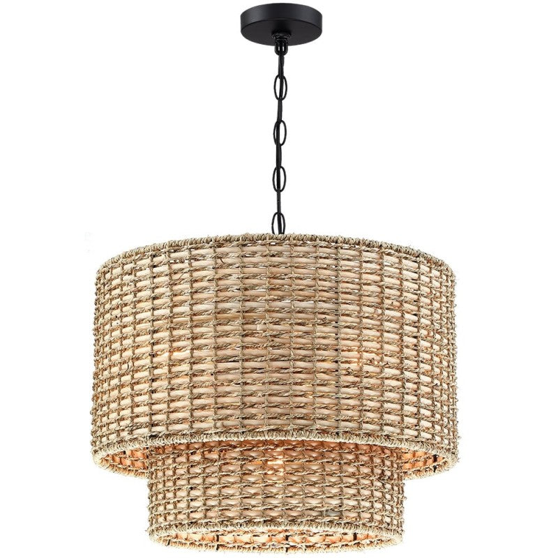 Natural Rattan Double Drum Pendant Light for Bedroom