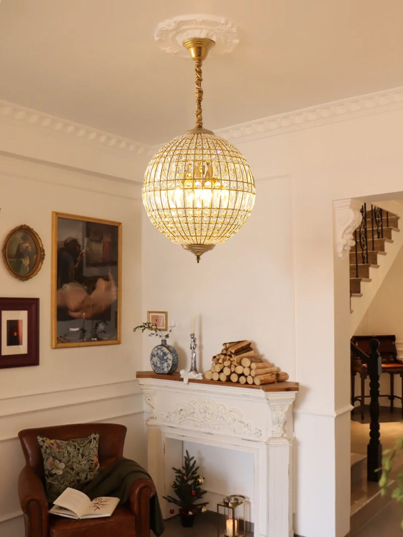 French Antique Brass Crystal Globe Chandelier