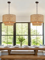 Load image into Gallery viewer, Natural Rattan Double Drum Pendant Light for Bedroom
