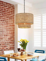 Load image into Gallery viewer, Natural Rattan Double Drum Pendant Light for Bedroom
