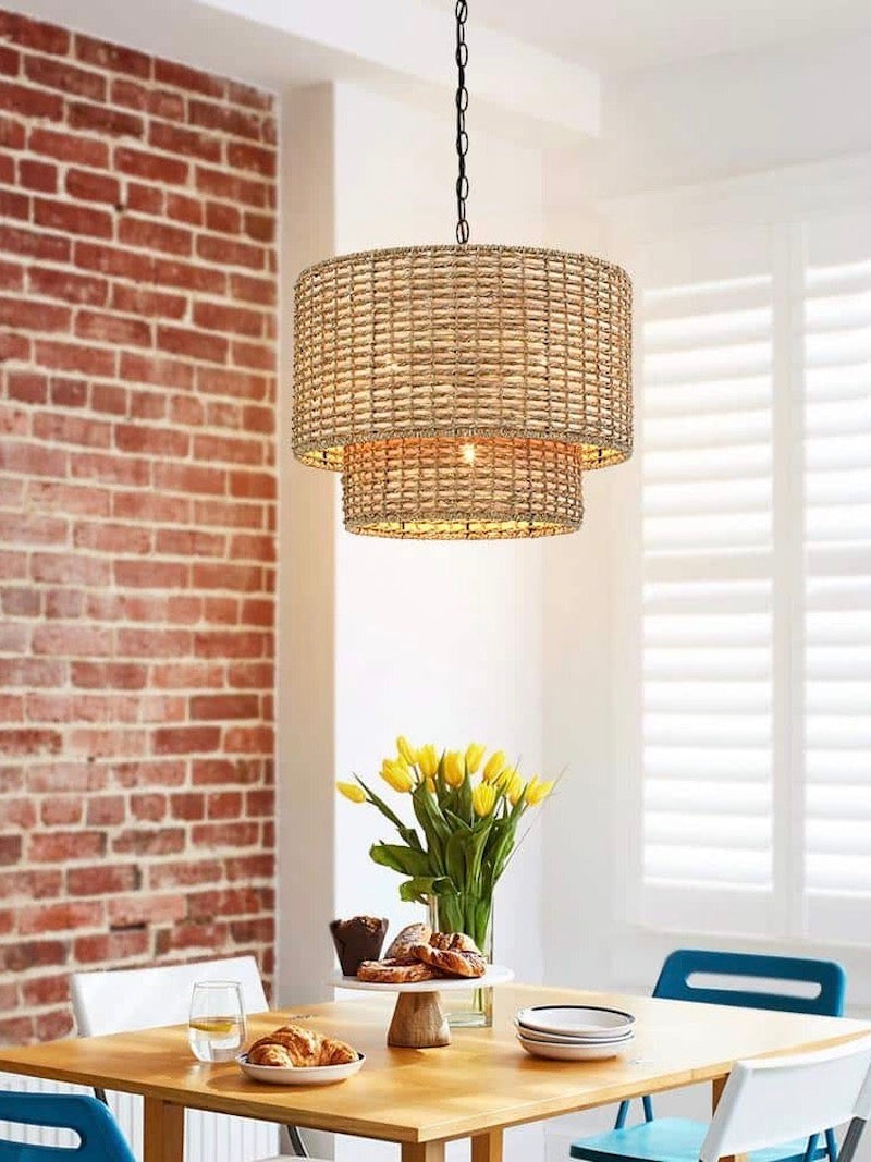 Natural Rattan Double Drum Pendant Light for Bedroom