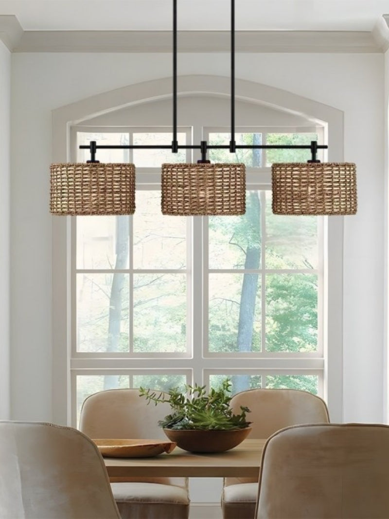 3 Light Rustic Drum Hand Woven Rattan Pendant Light