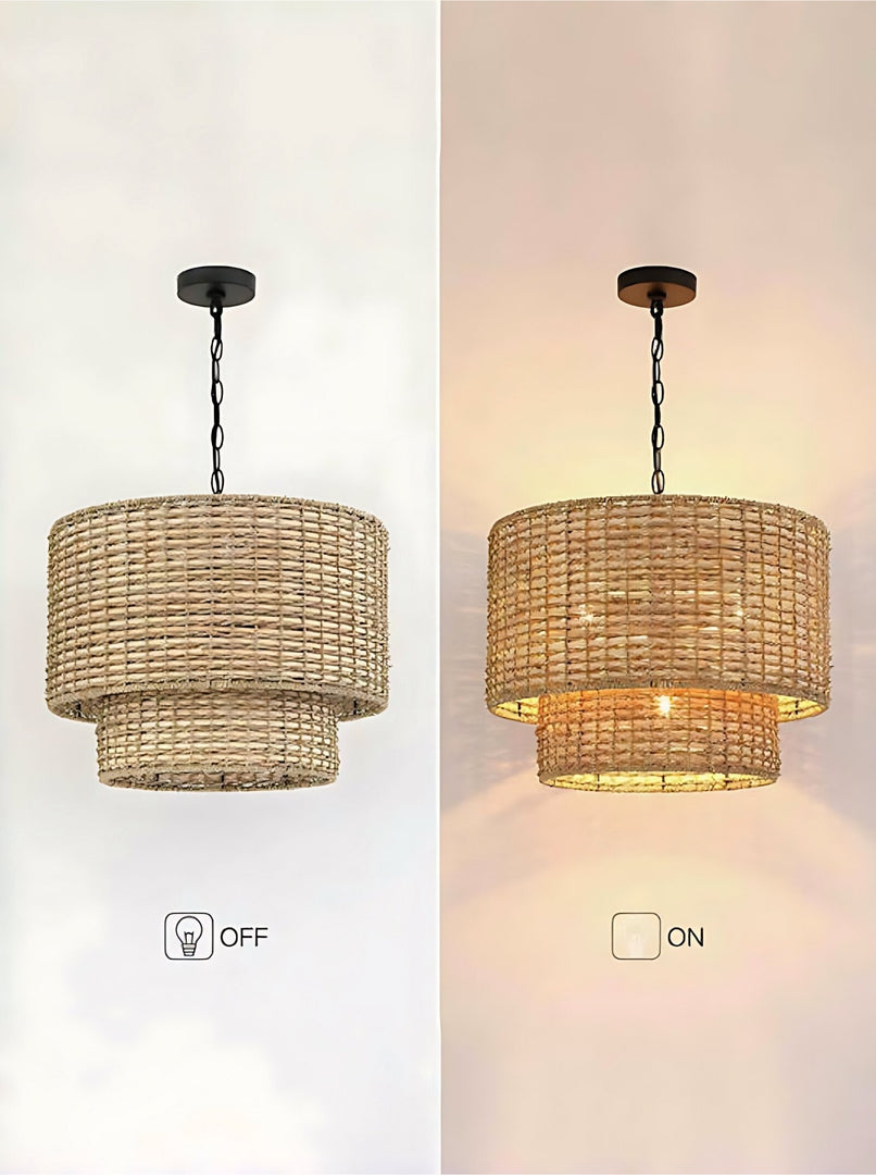 Natural Rattan Double Drum Pendant Light for Bedroom