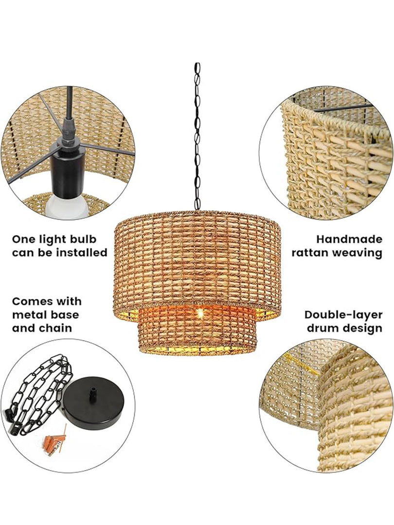 Natural Rattan Double Drum Pendant Light for Bedroom