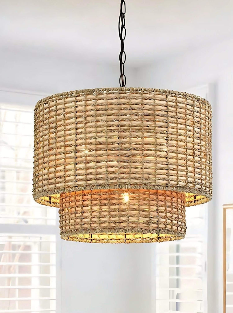 Natural Rattan Double Drum Pendant Light for Bedroom