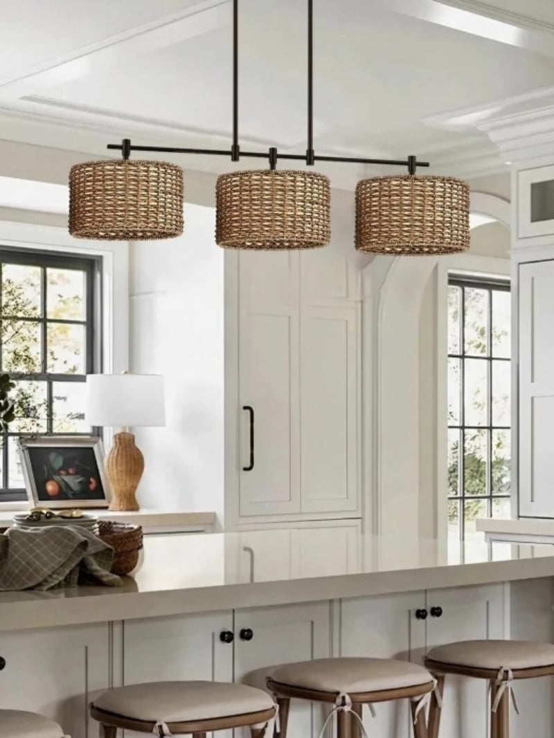 3 Light Rustic Drum Hand Woven Rattan Pendant Light