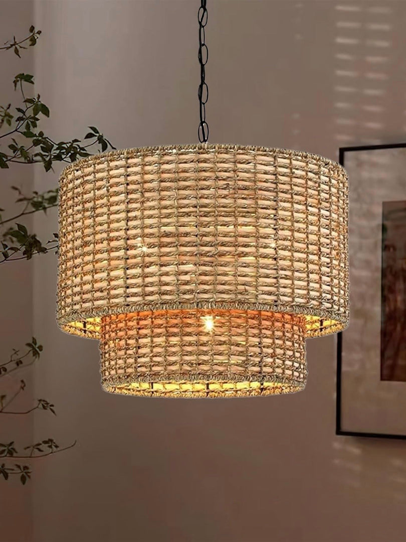 Natural Rattan Double Drum Pendant Light for Bedroom