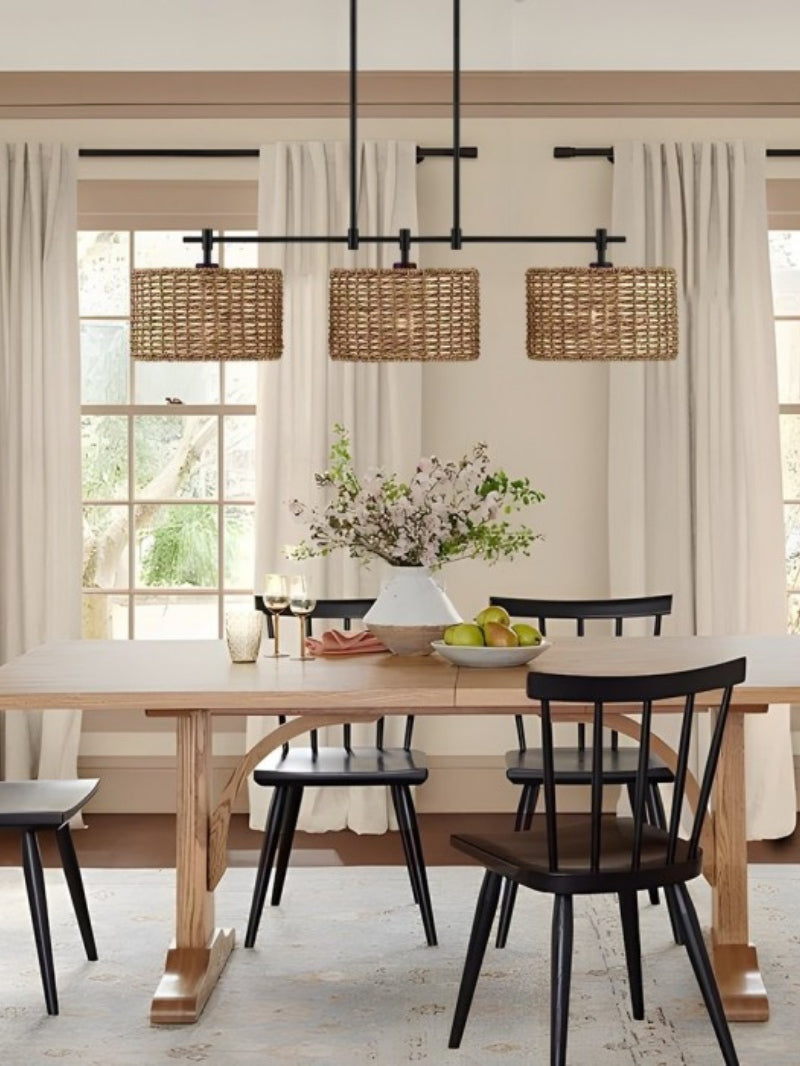 3 Light Rustic Drum Hand Woven Rattan Pendant Light