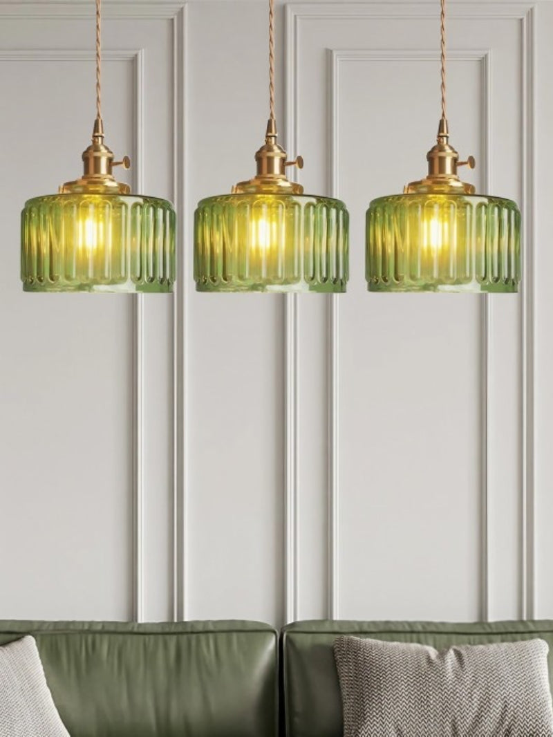 Japanese Vintage Simple Brass Glass Ribbed Cylinder Pendant Light