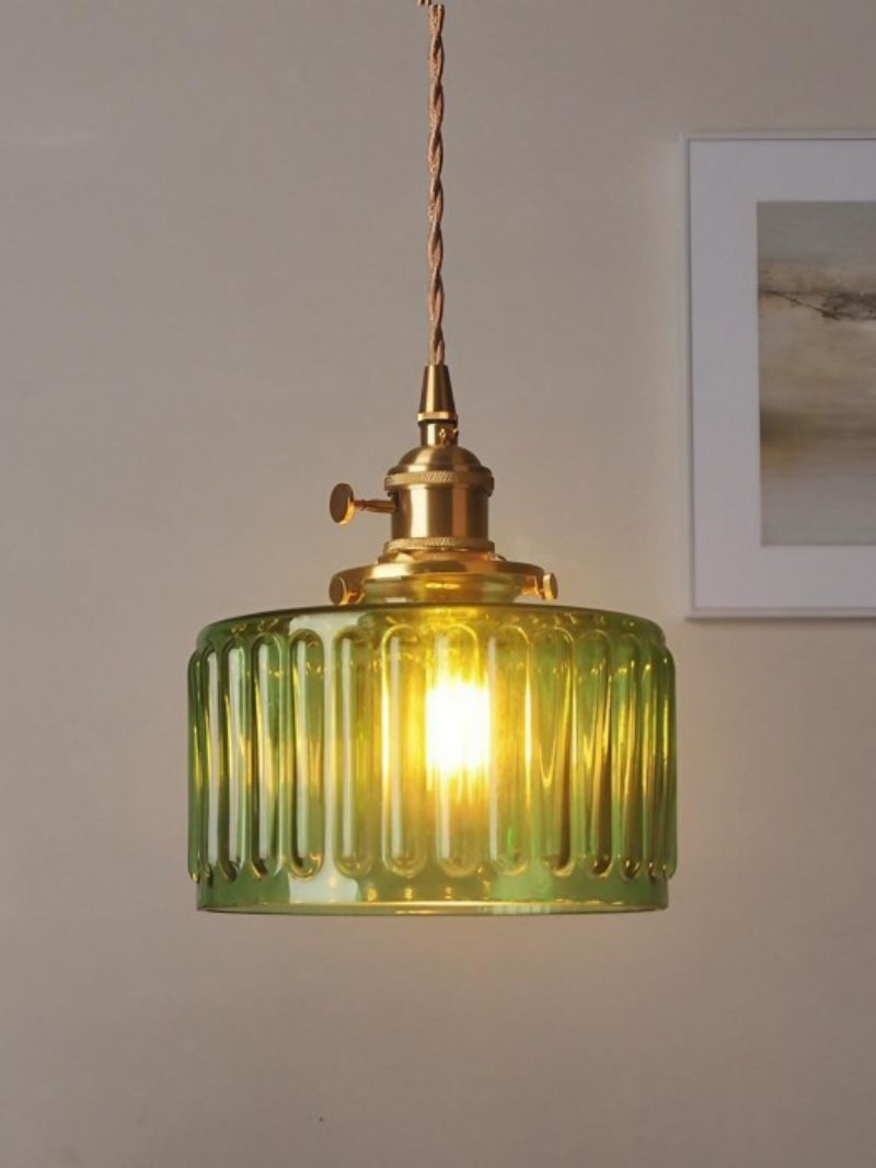 Japanese Vintage Simple Brass Glass Ribbed Cylinder Pendant Light