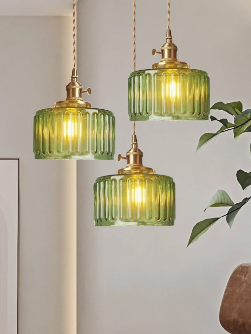 Japanese Vintage Simple Brass Glass Ribbed Cylinder Pendant Light