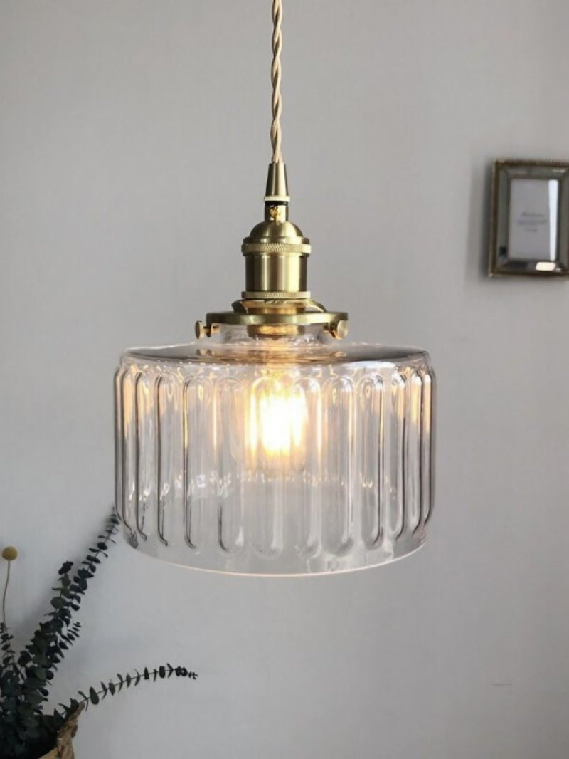 Japanese Vintage Simple Brass Glass Ribbed Cylinder Pendant Light