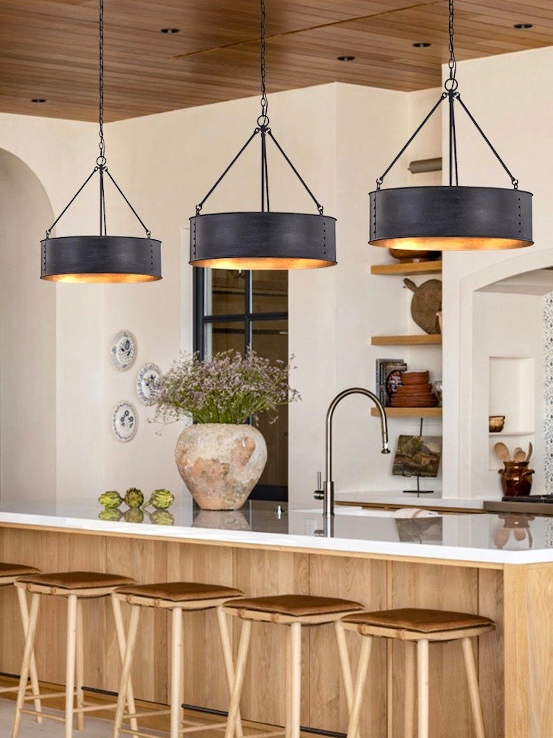 Quillan Industrial Large Black Drum Pendant Light For Dinning Room