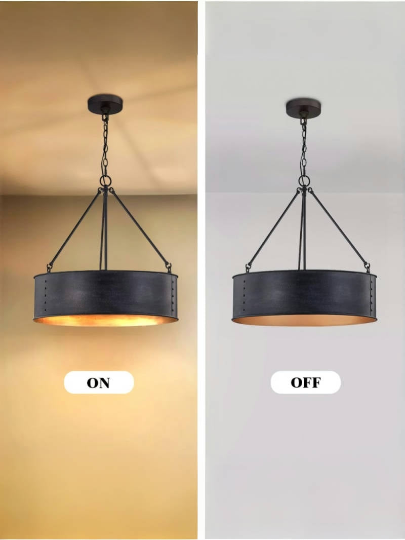 Quillan Industrial Large Black Drum Pendant Light For Dinning Room