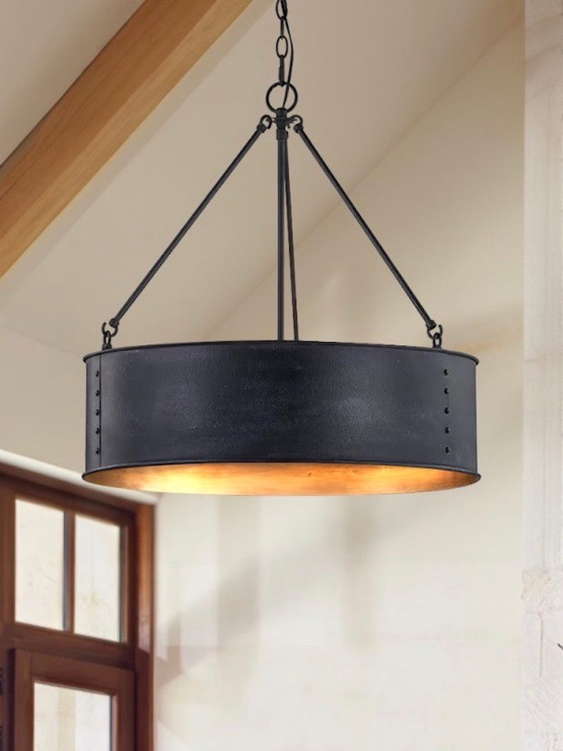 Quillan Industrial Large Black Drum Pendant Light For Dinning Room