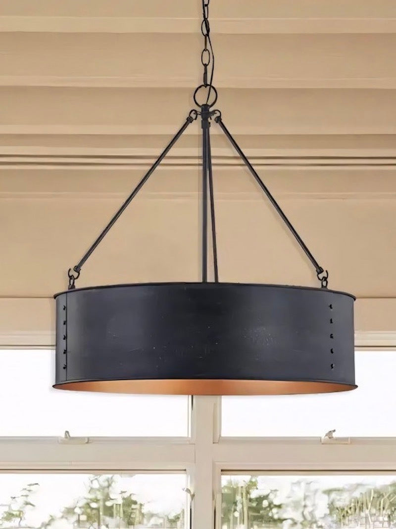 Quillan Industrial Large Black Drum Pendant Light For Dinning Room