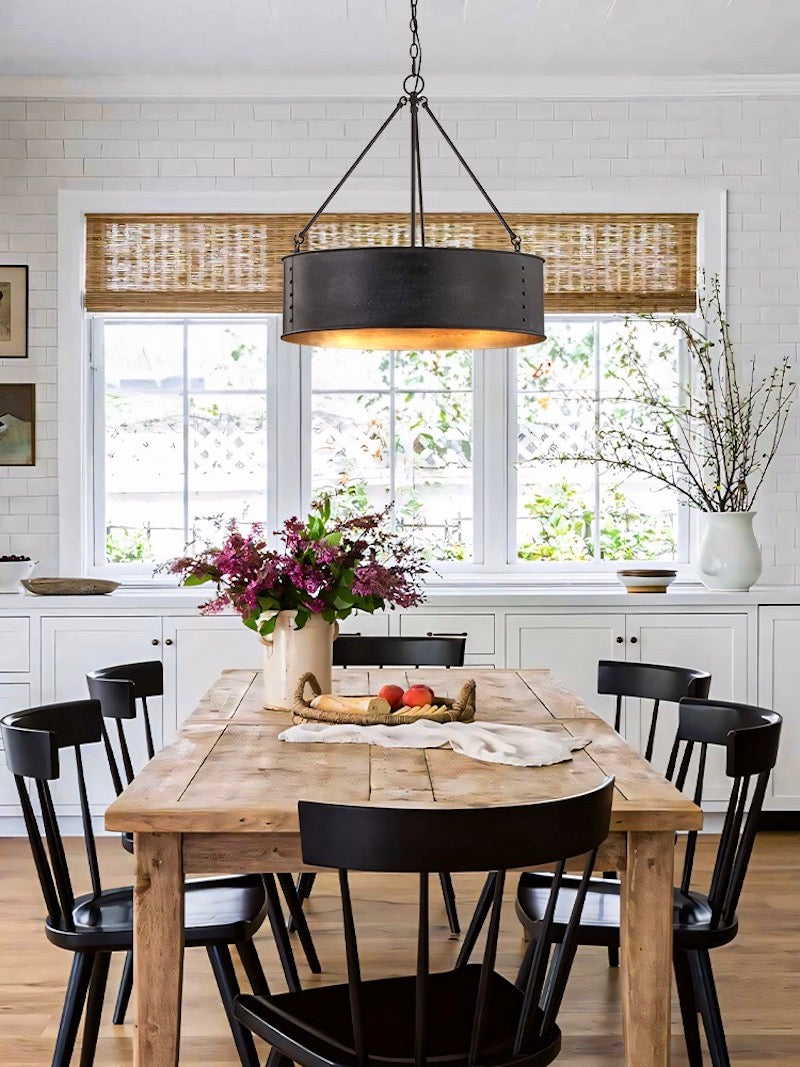 Quillan Industrial Large Black Drum Pendant Light For Dinning Room