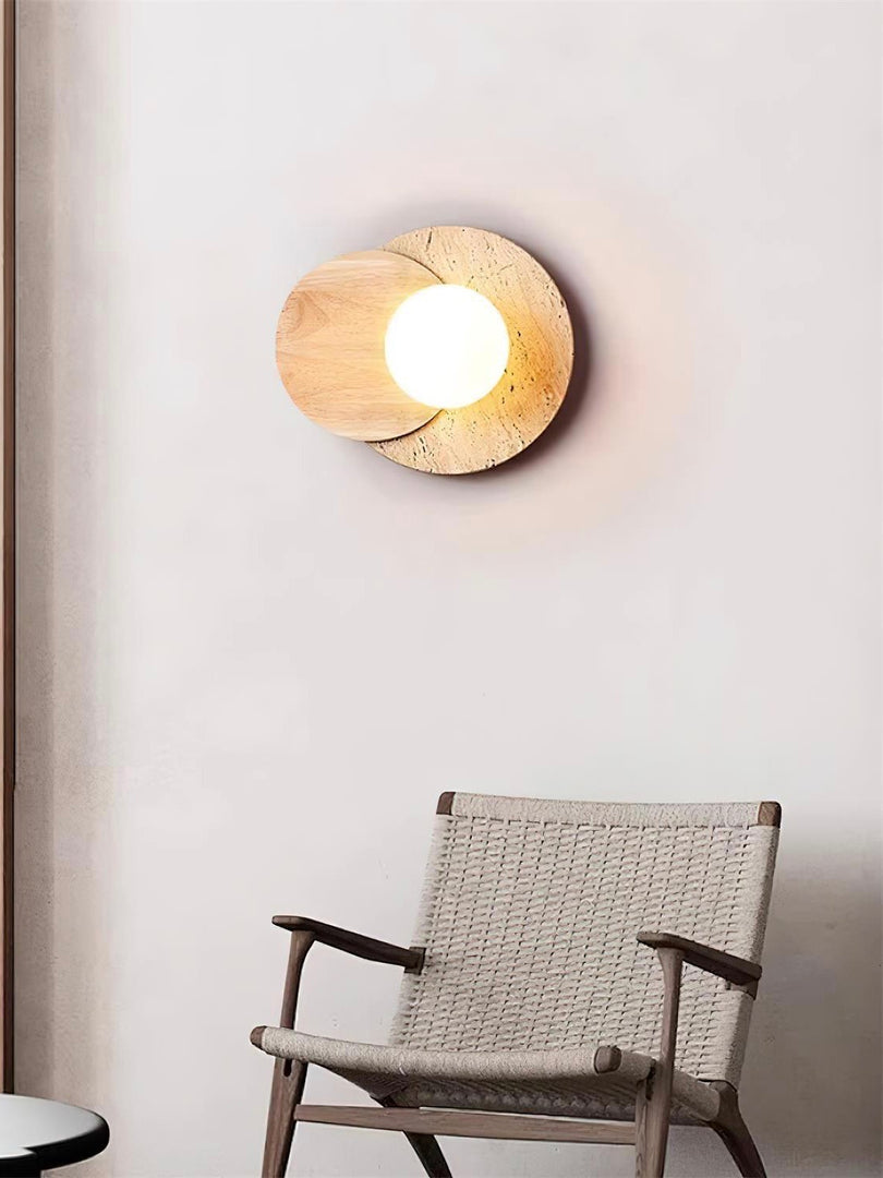 Wabi-Sabi Style Travertine Wood Round Wall Lamp