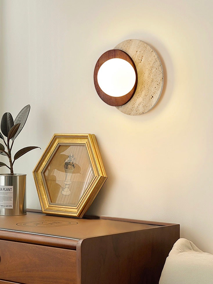 Wabi-Sabi Style Travertine Wood Round Wall Lamp