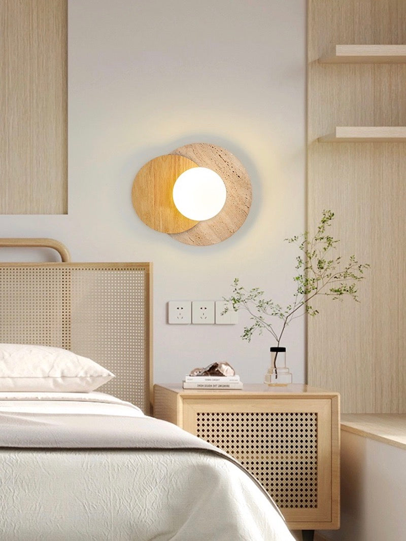 Wabi-Sabi Style Travertine Wood Round Wall Lamp