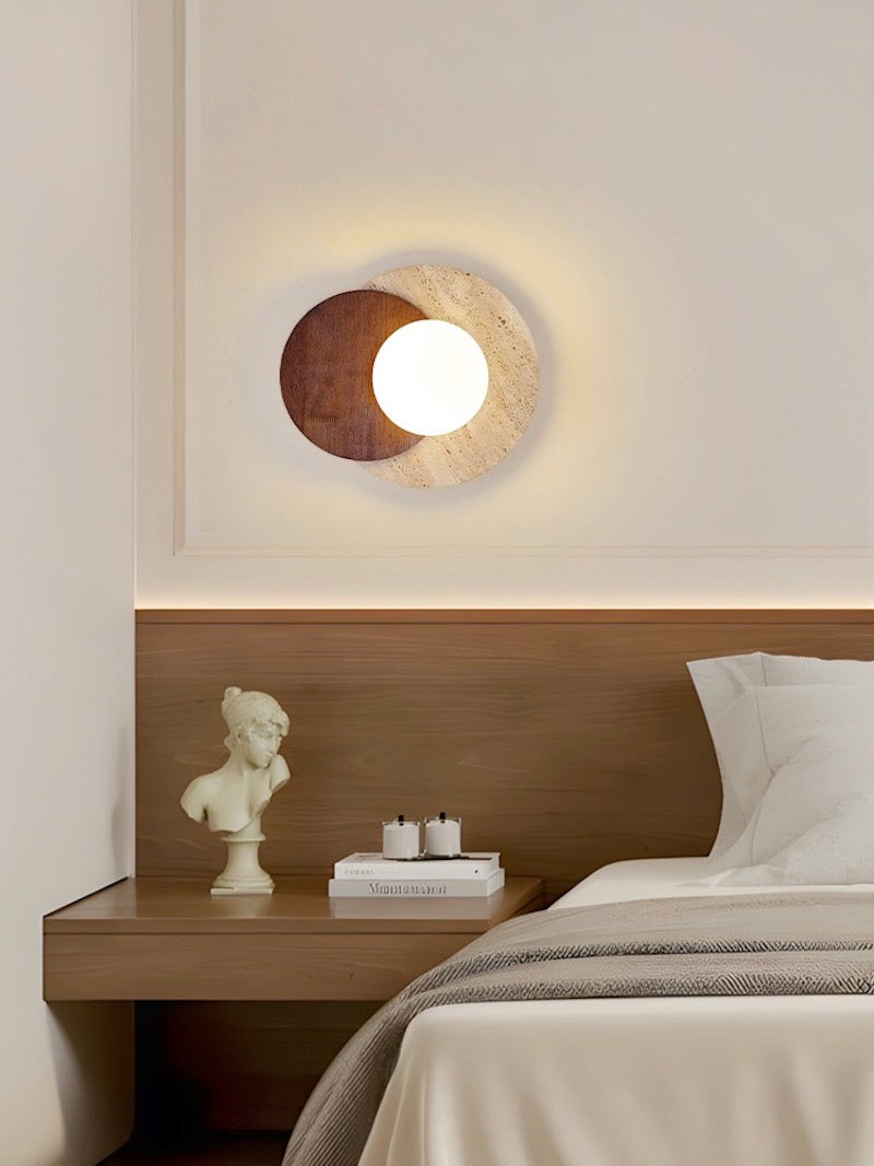 Wabi-Sabi Style Travertine Wood Round Wall Lamp