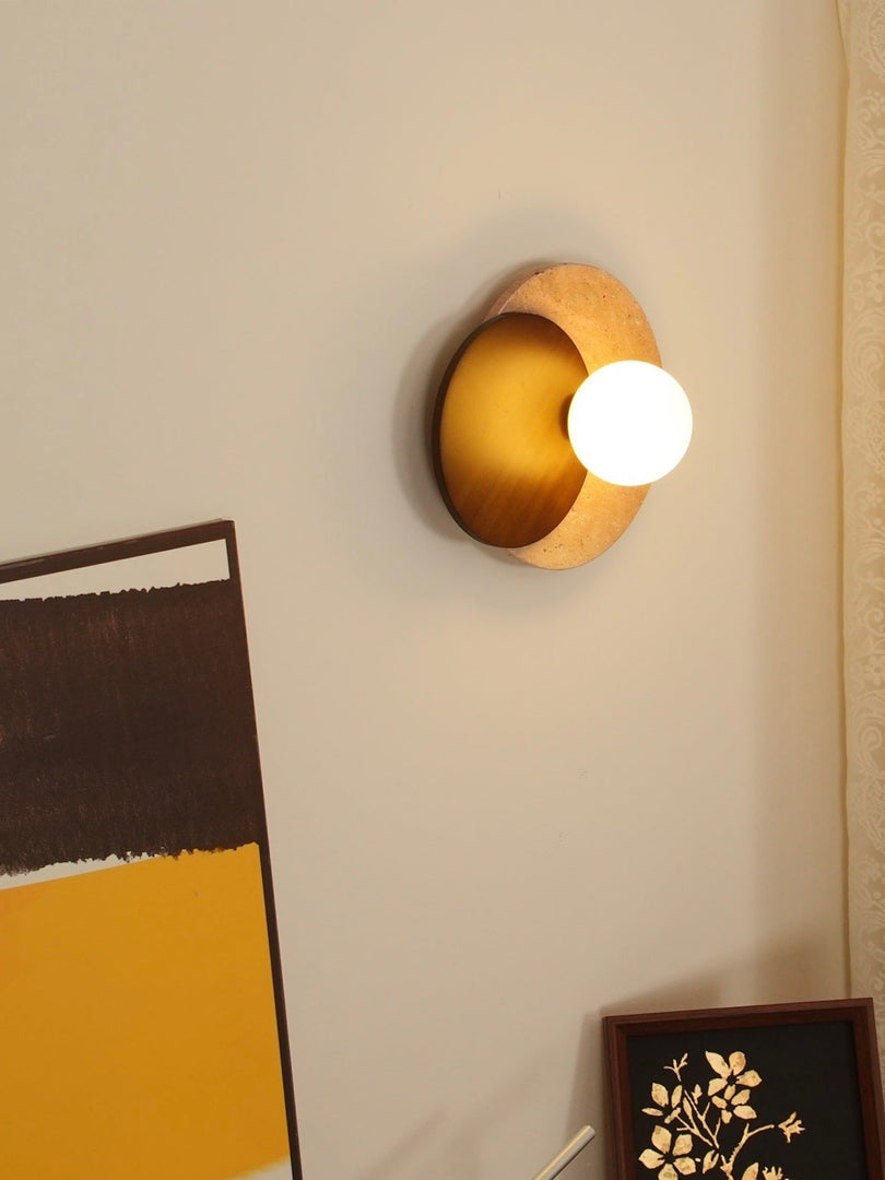 Wabi-Sabi Style Travertine Wood Round Wall Lamp