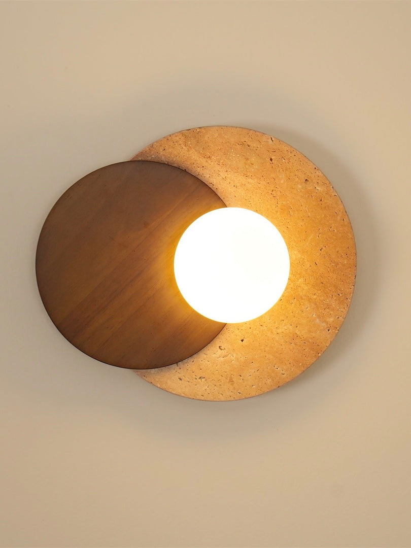 Wabi-Sabi Style Travertine Wood Round Wall Lamp