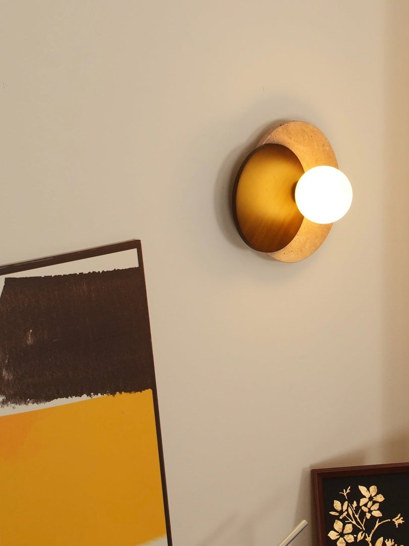 Wabi-Sabi Style Travertine Wood Round Wall Lamp