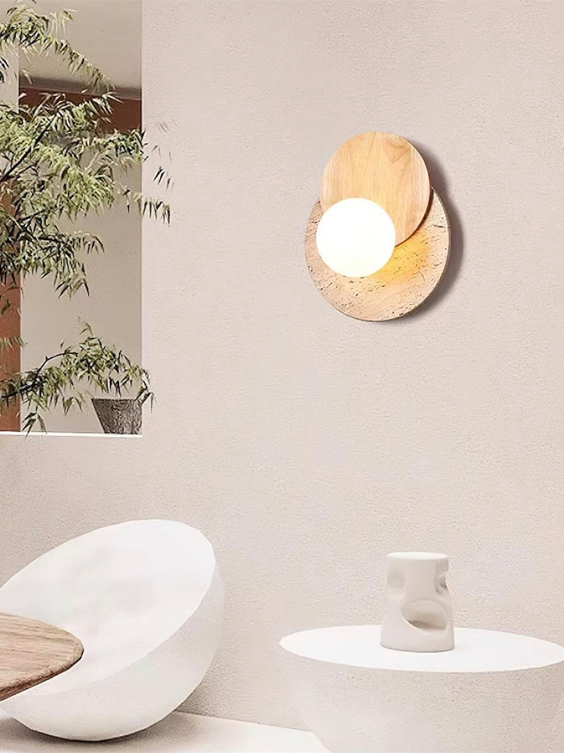 Wabi-Sabi Style Travertine Wood Round Wall Lamp