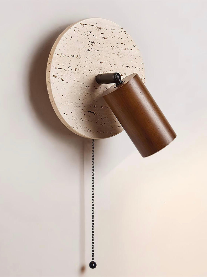 Wabi-Sabi Style Travertine Cylinder Wall Lamp with Pull-chain Switch