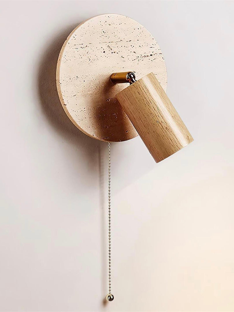 Wabi-Sabi Style Travertine Cylinder Wall Lamp with Pull-chain Switch