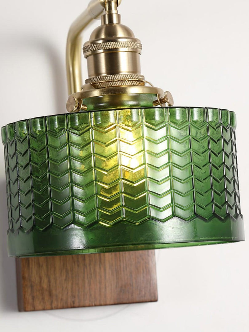 Vintage Ripple Glass Wooden Base Wall Sconce Bedside Lamp with Plug