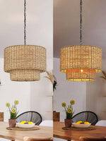 Load image into Gallery viewer, Natural Rattan Double Drum Pendant Light for Bedroom
